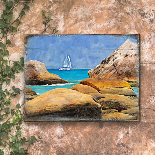 Sailboat on The Rocky Shore Wooden Coastal Wall Art by Nature Wonders - Coastal Sea-Life Decor - 95274B