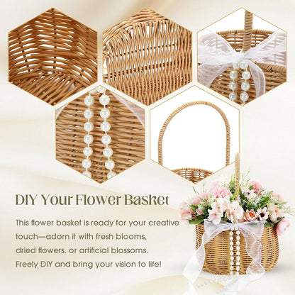 SiliFine 2 Pcs Wicker Rattan Flower Girl Basket with Bows and Pearl 11.8x8.7x5.1 Inches Rustic Wedding Basket for Flower Girl, Hand Woven Willow Storage for Ceremonies Home Decoration (Classic)