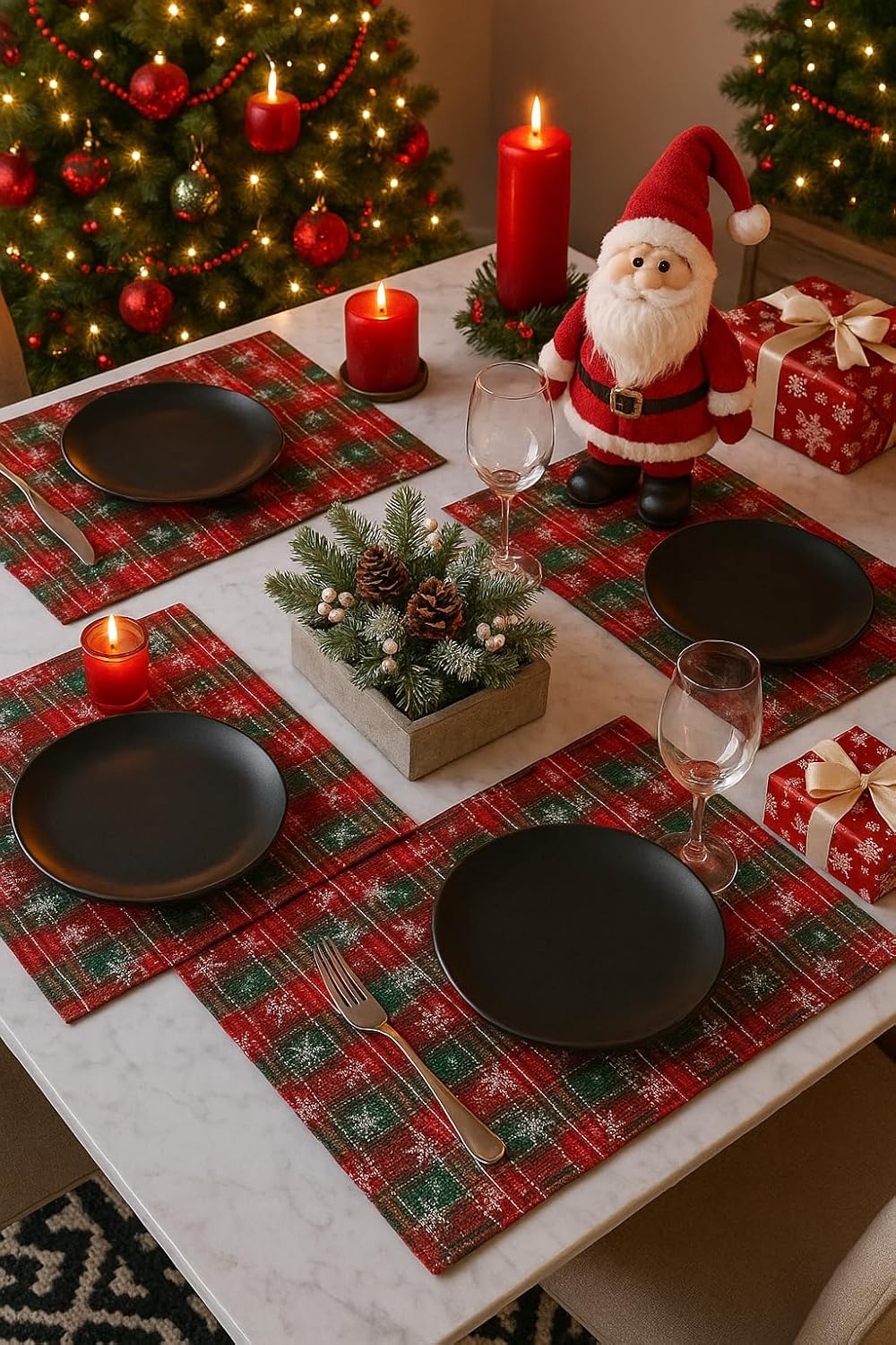 Fennco Styles Red & Green Tartan Plaid Snowflakes Holiday Placemats 13" X 18", Set of 4 - Modern Table Mats for Christmas Décor, and Winter Festivals