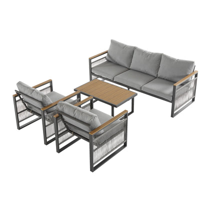 4-Pieces Outdoor Metal Patio Furniture Set, 5-Seat Patio Furniture Sofa Set With Cushion, Modern Outdoor Furniture Deep Seating For Porch, Garden, Backyard, Balcony, Grey & Natural