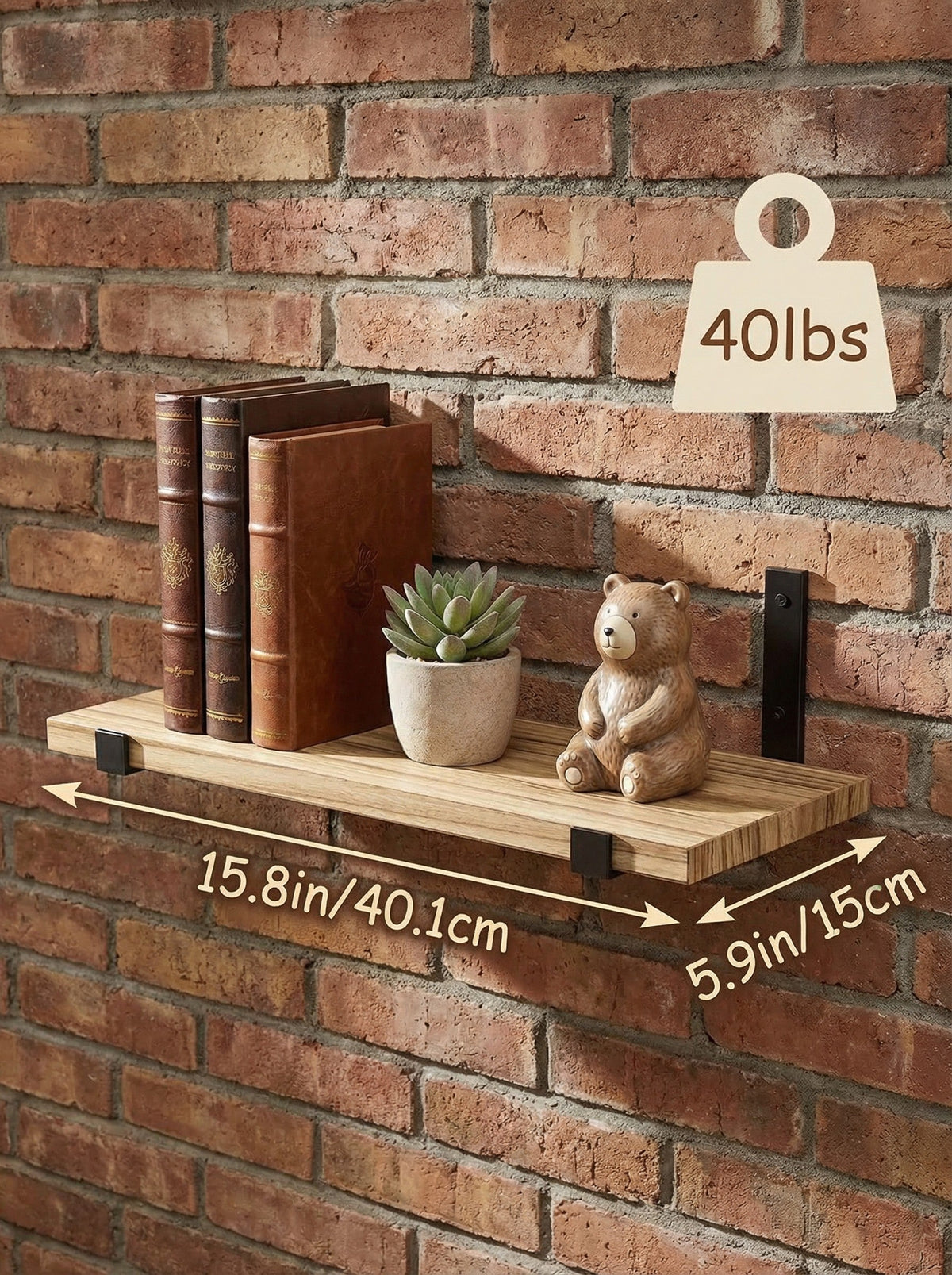 Wood Wall Shelves 15.8” with Metal Brackets – Rustic Floating Shelves | 5/8 Pack