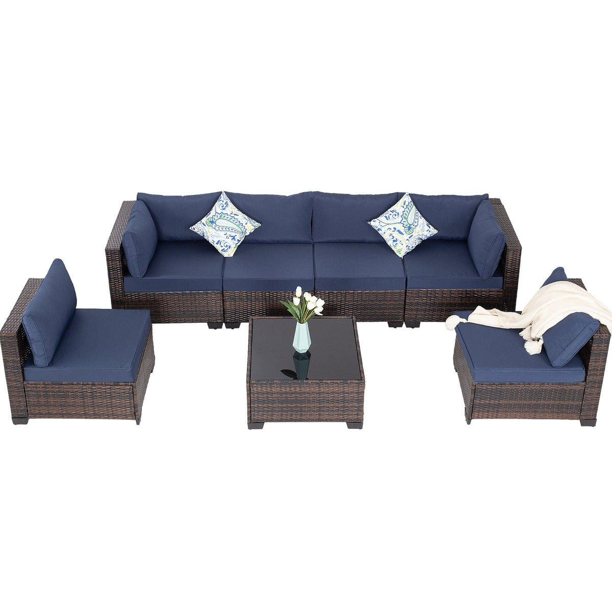 7-Piece Outdoor Patio Furniture Set, All-Weather Wicker Rattan Sectional Sofa With Thick Cushions & Glass Table, Modular Patio Conversation Furniture For Backyard, Poolside & Garden -Brown-Blue
