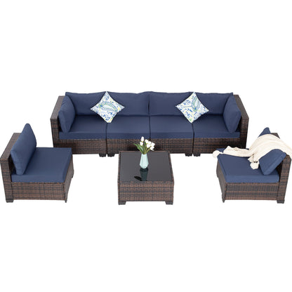 7-Piece Outdoor Patio Furniture Set, All-Weather Wicker Rattan Sectional Sofa With Thick Cushions & Glass Table, Modular Patio Conversation Furniture For Backyard, Poolside & Garden -Brown-Blue
