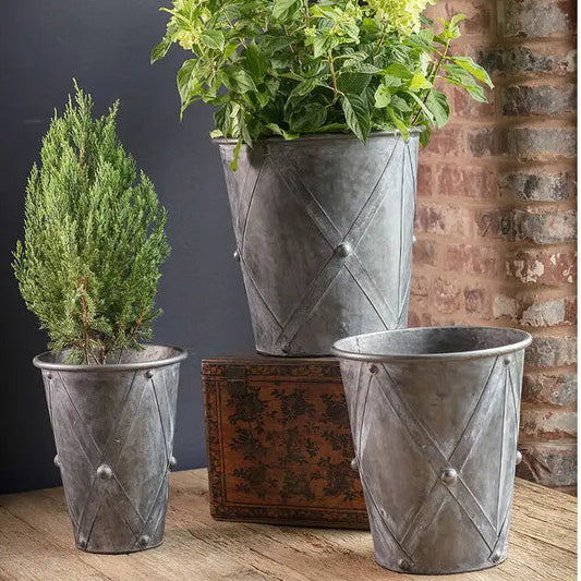 Set Of 3 Antiqued Round Drum Planters