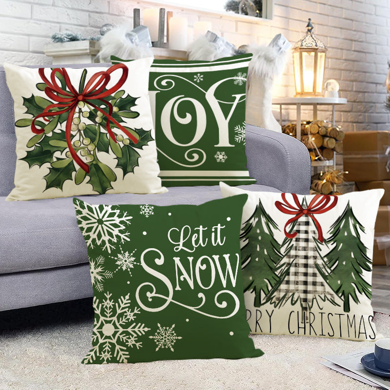 Green Christmas Pillow Cover Linen Printed Pillow Cover Holiday Living Room Bedroom Decoration Cushion Cover