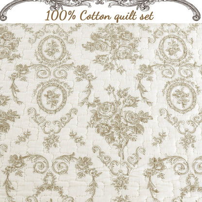 French Medallion Ivory Scalloped Edge Cotton 3-piece Reversible Quilt Bedding Set