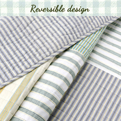 Spa Striped Real Patchwork Cotton Reversible Quilt Bedding Set