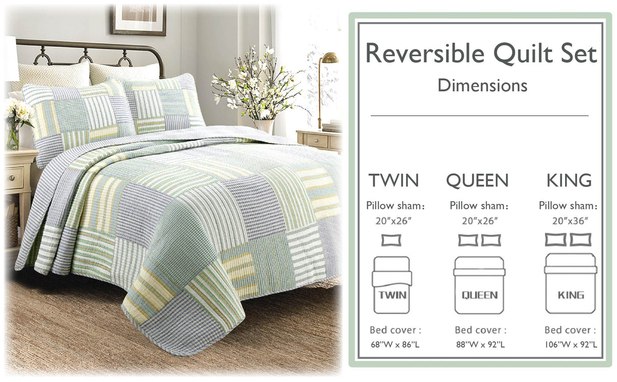 Spa Striped Real Patchwork Cotton Reversible Quilt Bedding Set