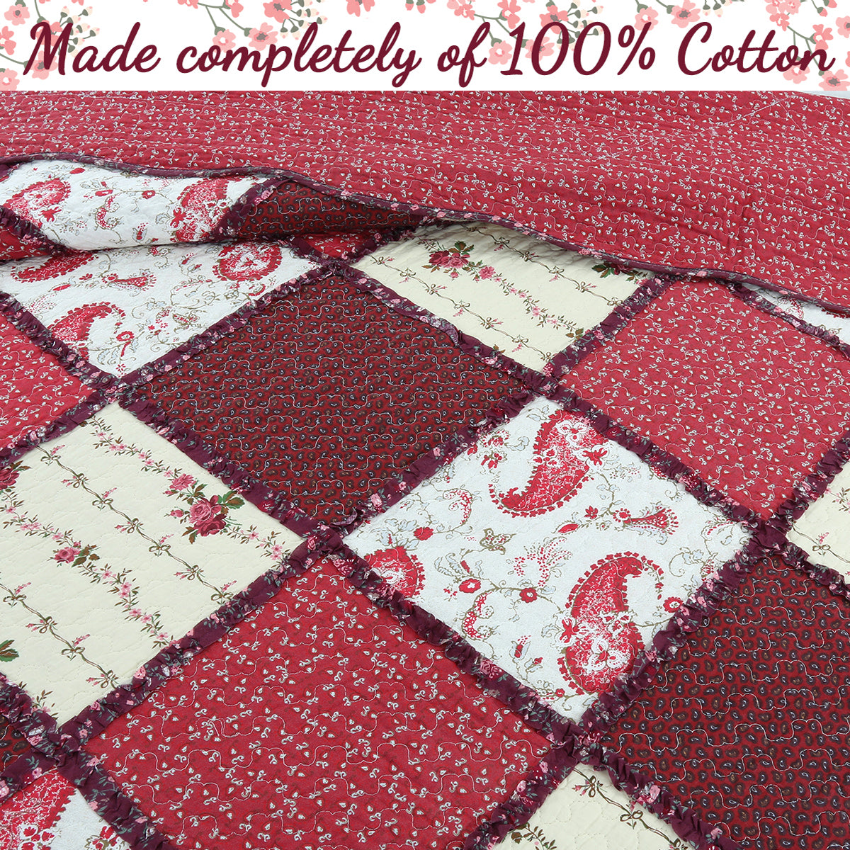 Pineiro Red Floral Real Patchwork Cotton 3-Piece Reversible Quilt Bedding Set