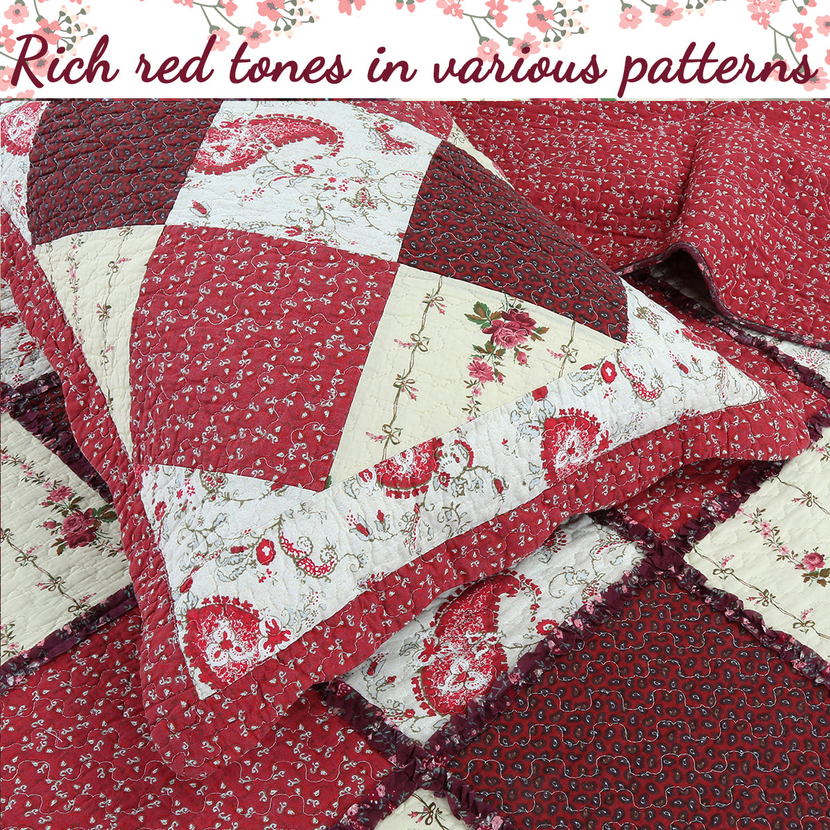 Pineiro Red Floral Real Patchwork Cotton 3-Piece Reversible Quilt Bedding Set