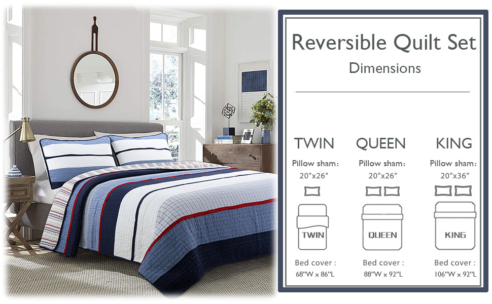 Levi Jean Stripped Denim Blues Cotton Reversible Quilt Bedding Set