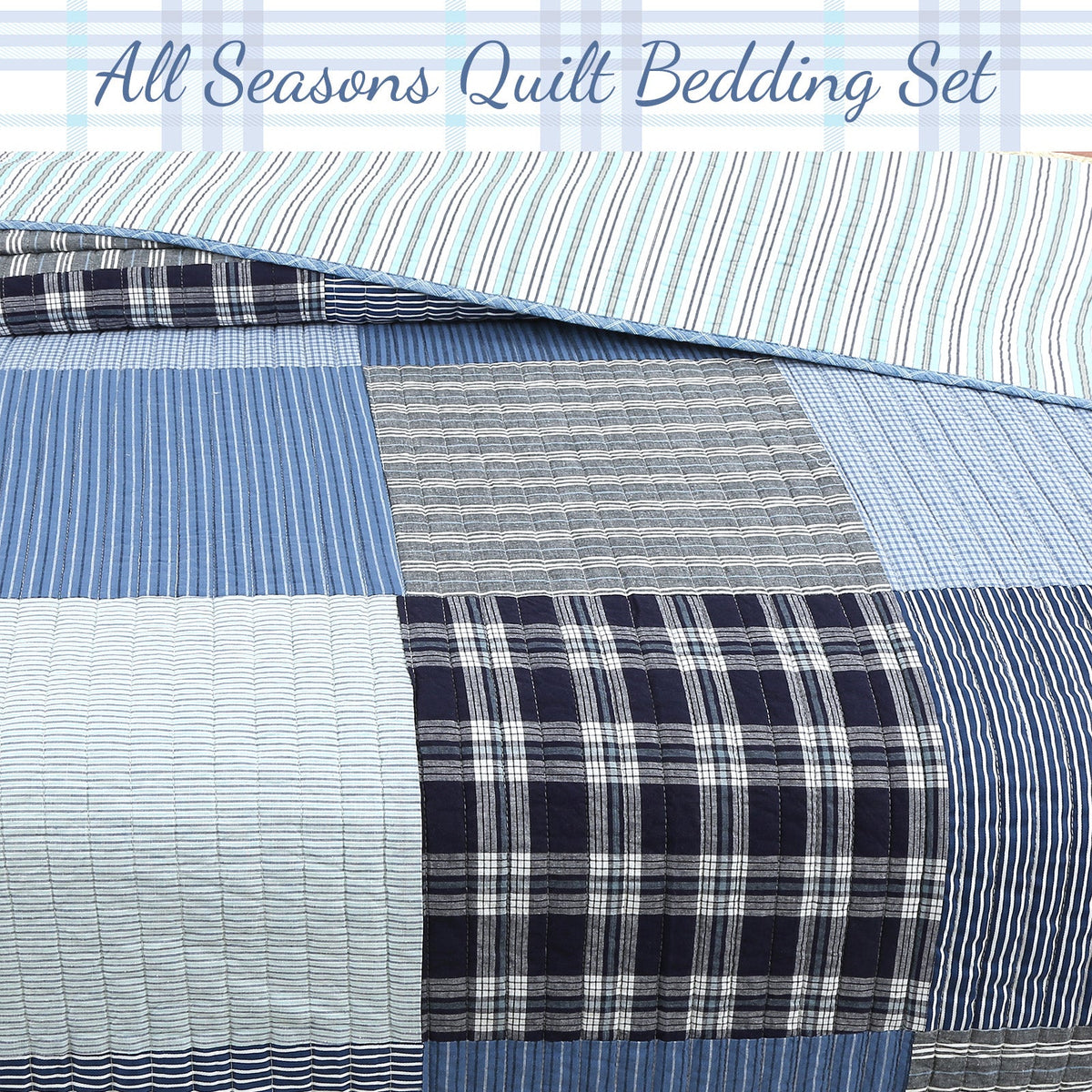 Navy Klein Blue Plaid Stripe Tartan Patchwork Cotton Reversible Quilt Bedding Set