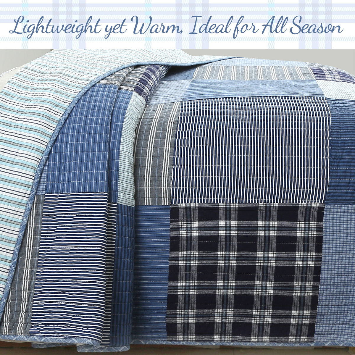 Navy Klein Blue Plaid Stripe Tartan Patchwork Cotton Reversible Quilt Bedding Set