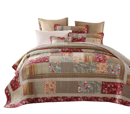 Tache Fairy Tale Tea Party Beige Burgundy Paisley Floral Cotton Patchwork Quilt Set (DXJ103443)