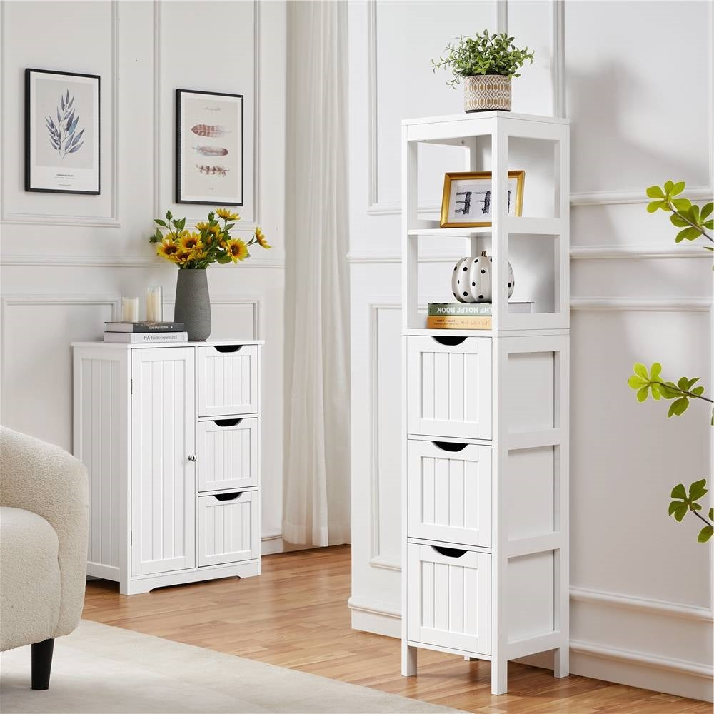 Bathroom Cabinet Tower with 3 Storage Drawers and 2 Shelves in White Wood Finish