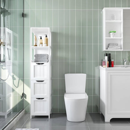 Bathroom Cabinet Tower with 3 Storage Drawers and 2 Shelves in White Wood Finish