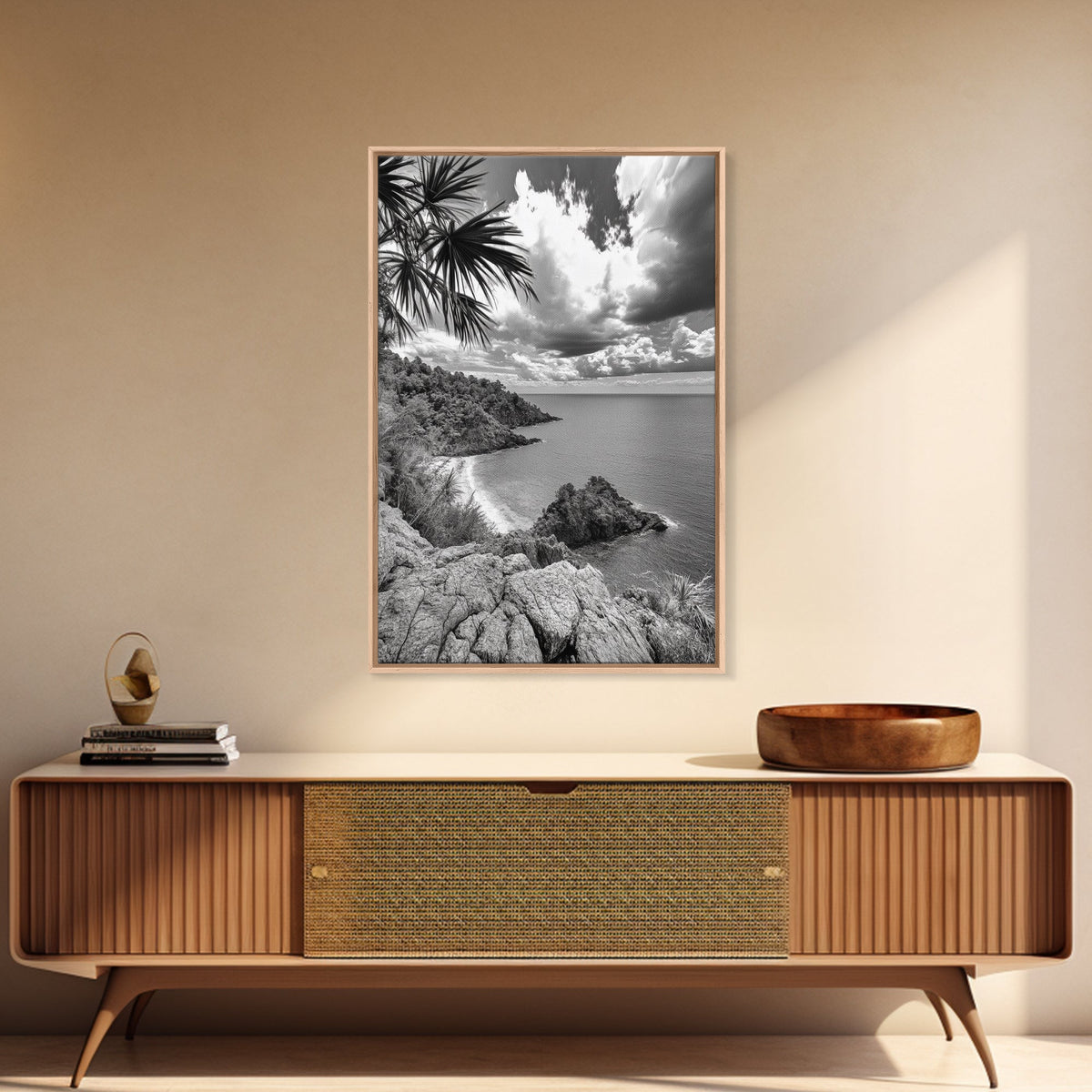 Island View Cliffs, Tropical Shoreline, Black and White Seascape, Framed Canvas Print, Bathroom Art, Travel Decor, Coastal Vibe