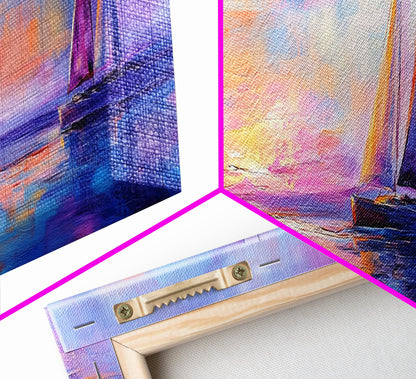 Sailboats at Sunset Framed Canvas Print Nautical Wall Art, Vibrant Ocean Painting, Coastal Home Decor, Large Living Room Artwork