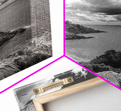 Island View Cliffs, Tropical Shoreline, Black and White Seascape, Framed Canvas Print, Bathroom Art, Travel Decor, Coastal Vibe