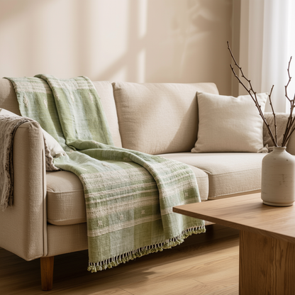 Soft Green Indian Wool Throw Blanket, Handwoven Sofa Coverlet with Quiet Calm Bedroom Layer - SAGE