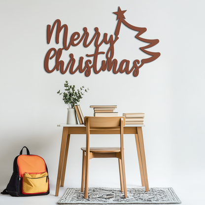 Merry Christmas Tree Metal Wall Art - Holiday Season Script Steel Decor- KAF316