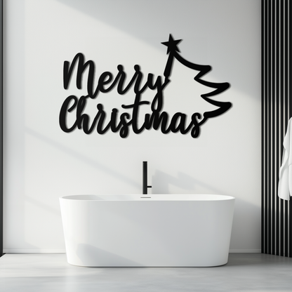 Merry Christmas Tree Metal Wall Art - Holiday Season Script Steel Decor- KAF316