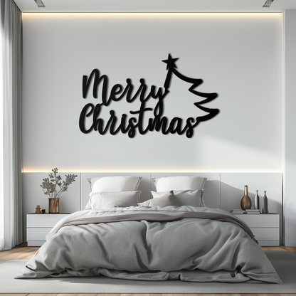 Merry Christmas Tree Metal Wall Art - Holiday Season Script Steel Decor- KAF316