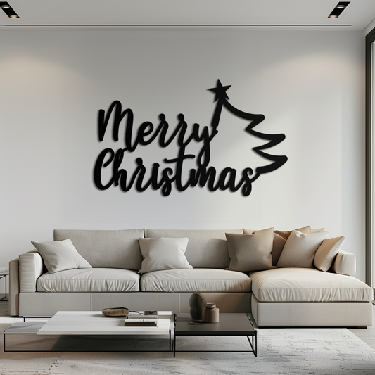 Merry Christmas Tree Metal Wall Art - Holiday Season Script Steel Decor- KAF316