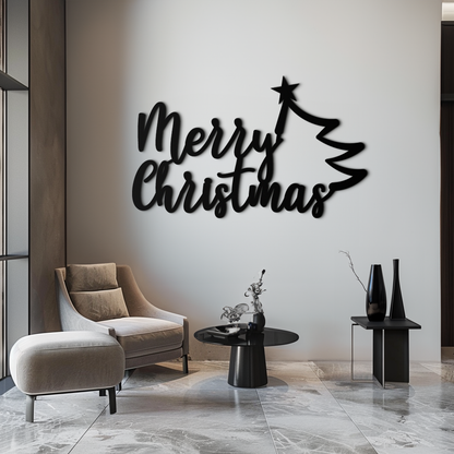 Merry Christmas Tree Metal Wall Art - Holiday Season Script Steel Decor- KAF316