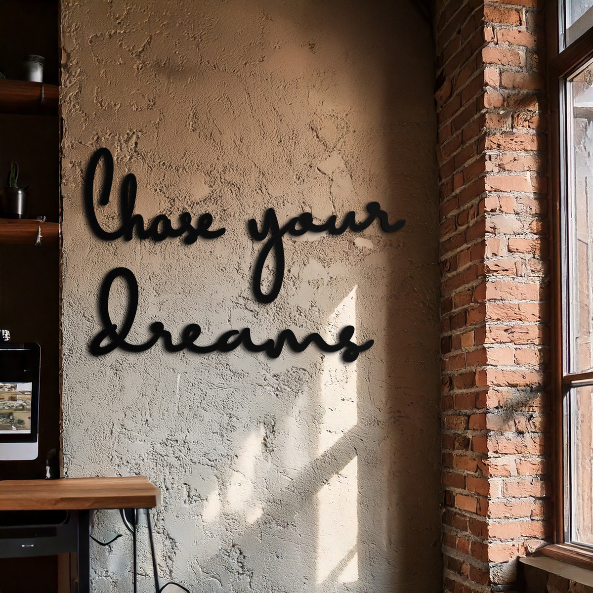 Chase Your Dreams Quote Metal Wall Art – Inspirational Word Sign in Black for Home and Office Decor- KAF454