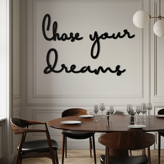 Chase Your Dreams Quote Metal Wall Art – Inspirational Word Sign in Black for Home and Office Decor- KAF454