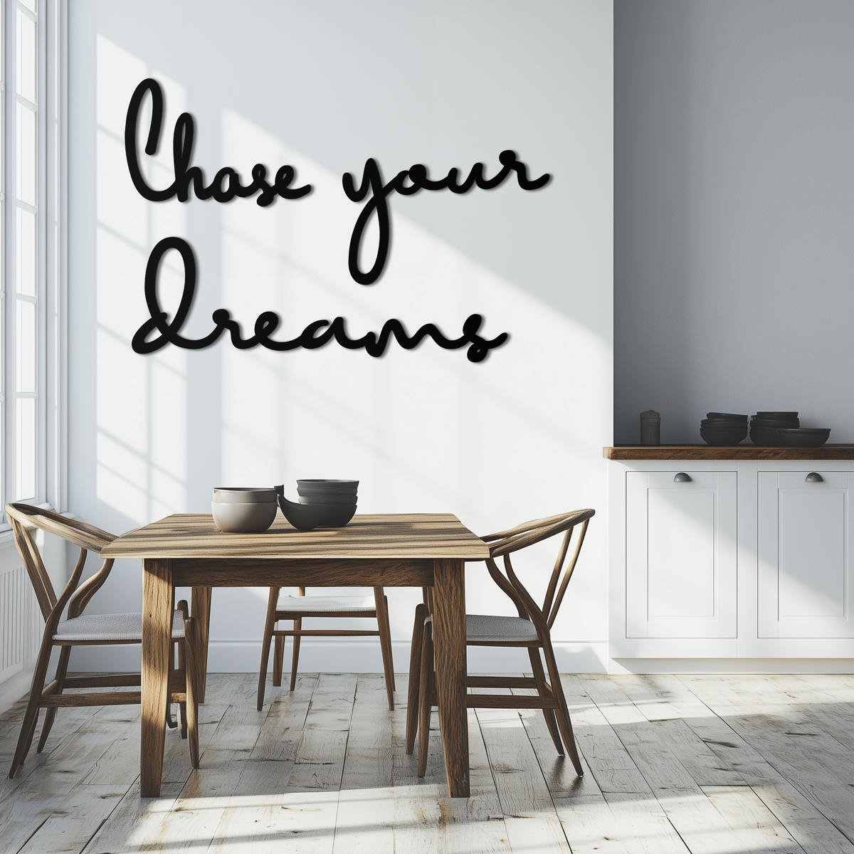 Chase Your Dreams Quote Metal Wall Art – Inspirational Word Sign in Black for Home and Office Decor- KAF454