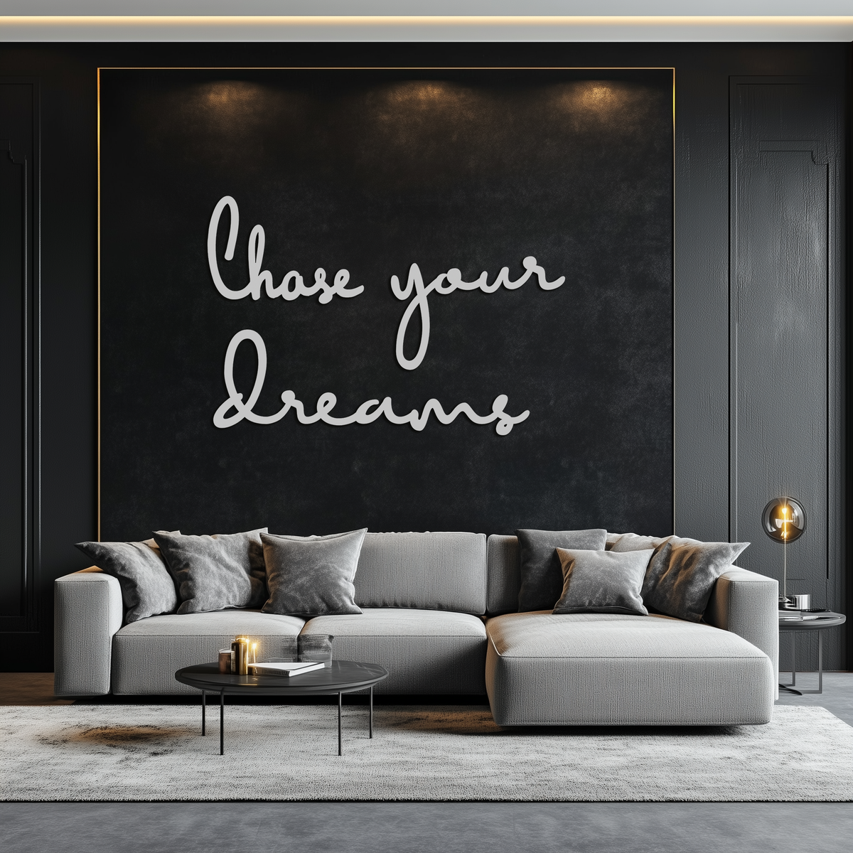 Chase Your Dreams Quote Metal Wall Art – Inspirational Word Sign in Black for Home and Office Decor- KAF454
