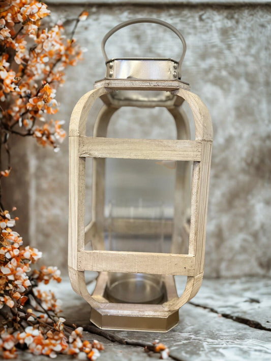 WOOD WITH METAL WHITE LANTERN CANDLE HOLDER