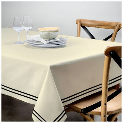 Double Embroidery Border Sateen Cotton Solid Table Cloth - Ivory
