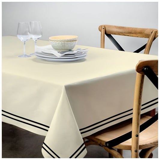 Double Embroidery Border Sateen Cotton Solid Table Cloth - Ivory