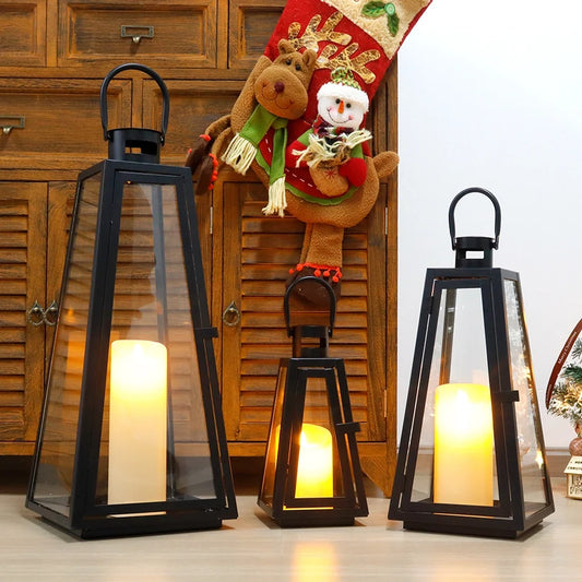 11/16/21''H Metal Outdoor Candle Holder Hanging Lantern with Tempered Glass