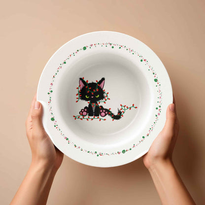 Christmas Cat Tangled in Lights Bowl – 8.5" Holiday Dinnerware