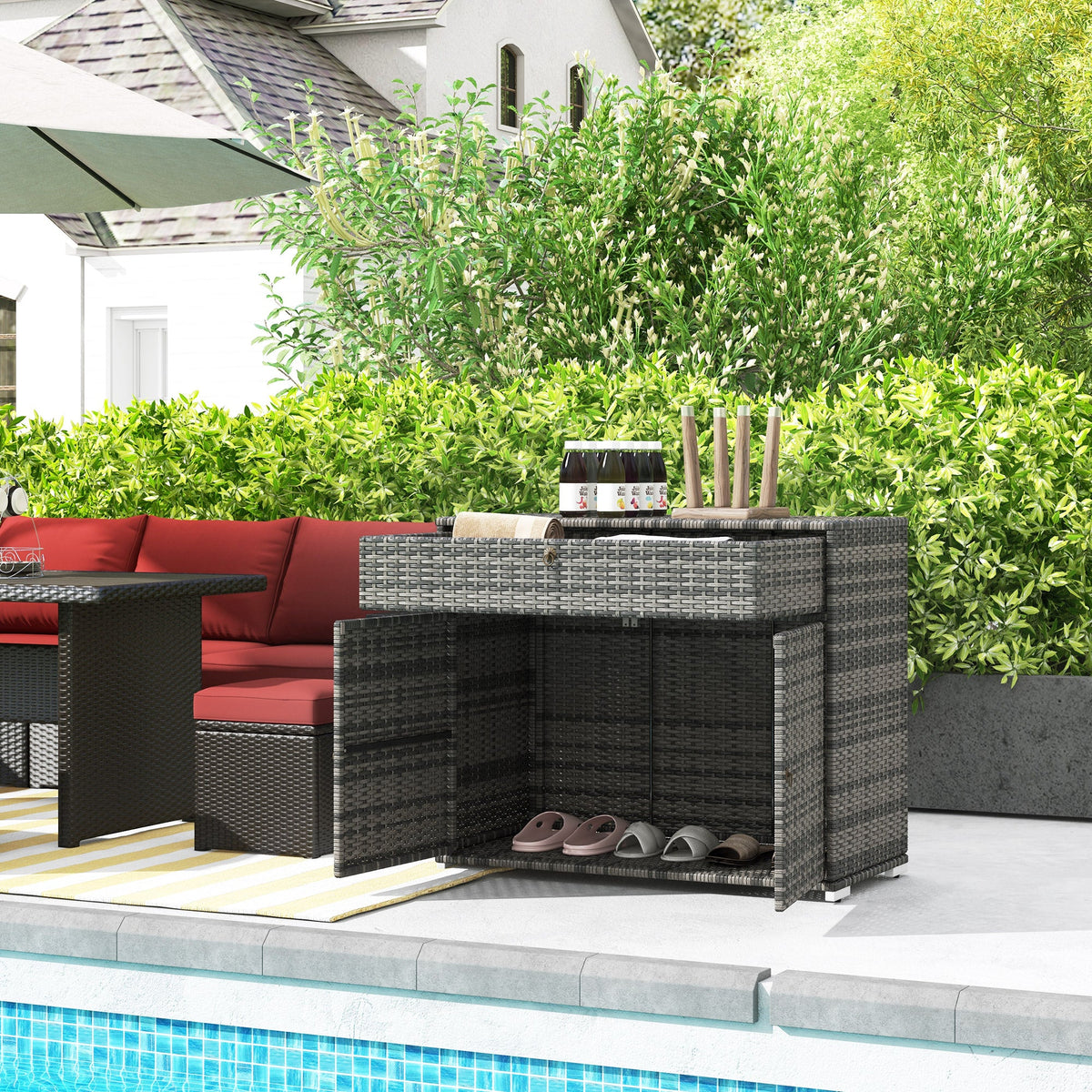 Outdoor Storage Cabinet, Waterproof PE Rattan Cabinet With Drawer For Indoor, Outdoor Swimming Pool, Gray