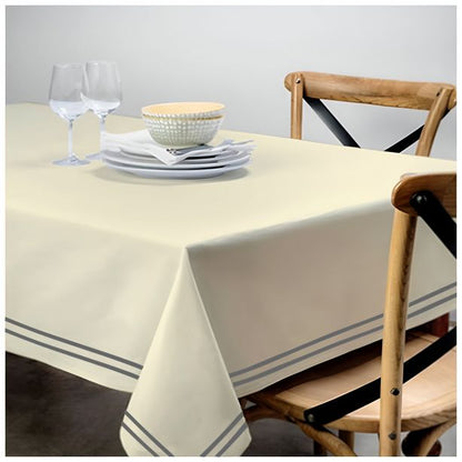 Double Embroidery Border Sateen Cotton Solid Table Cloth - Ivory