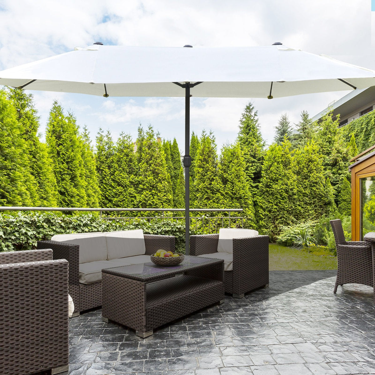 Patio Umbrella 15' Steel Rectangular Outdoor Double Sided Market With Base, UV Sun Protection & Easy Crank For Deck Pool Patio, Beige