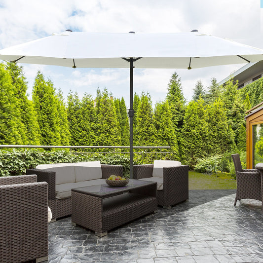 Patio Umbrella 15' Steel Rectangular Outdoor Double Sided Market With Base, UV Sun Protection & Easy Crank For Deck Pool Patio, Beige