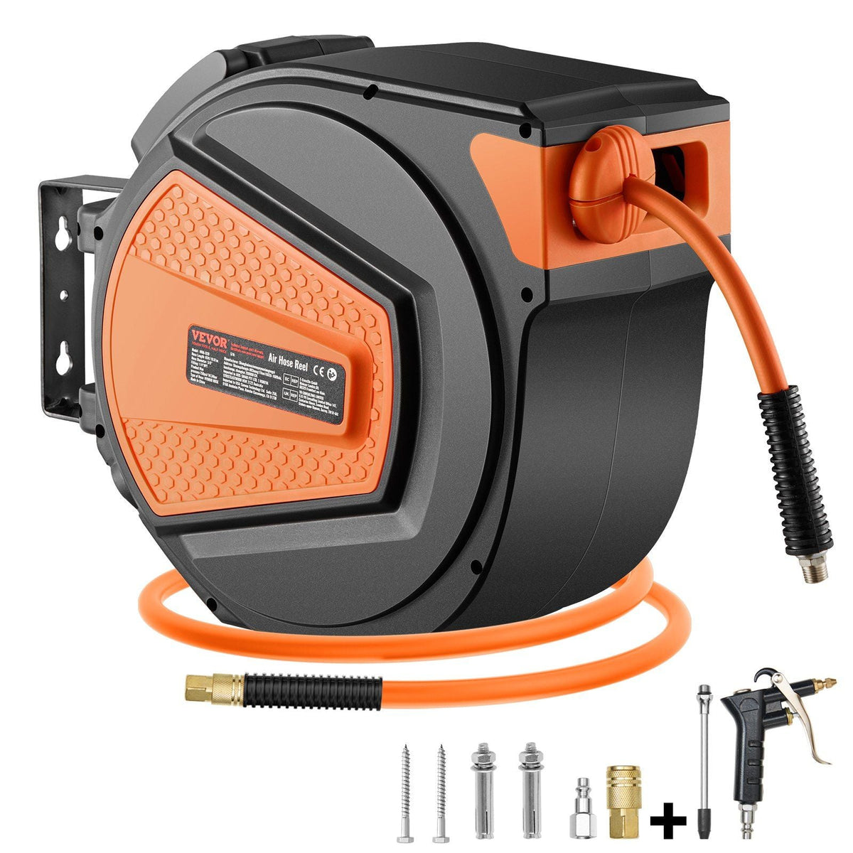 VEVOR Retractable Air Hose Reel, 3/8IN x 65FT Hybrid Air Hose Max 300PSI, Air Compressor Hose Reel Auto-Rewind with 6.6 FT Lead in, Ceiling/Wall Mount Enclosed PP Reel & Built-in 180° Swivel Bracket