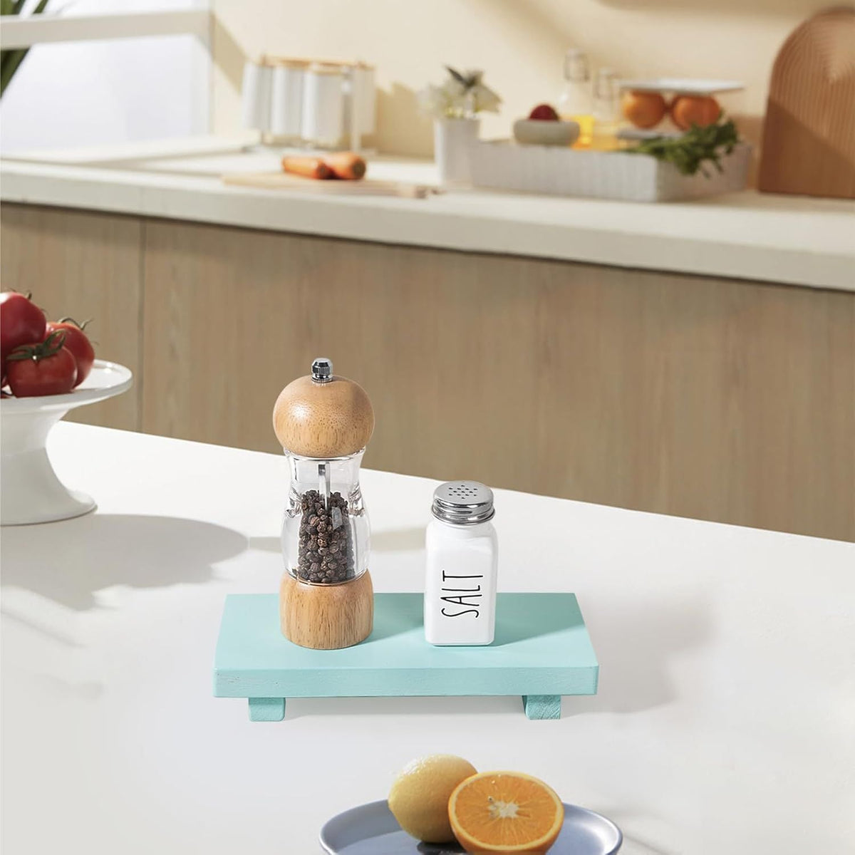 Small Wood Tray Pedestal Stand Farmhouse Bathroom Decor Decorative Wooden Riser Kitchen Soap Dish Holder for Vanity, Counter, Sink, Light Blue