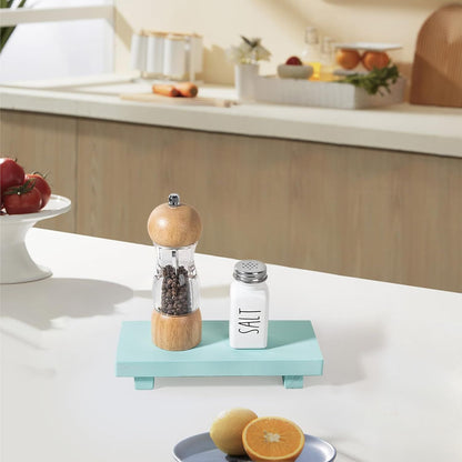 Small Wood Tray Pedestal Stand Farmhouse Bathroom Decor Decorative Wooden Riser Kitchen Soap Dish Holder for Vanity, Counter, Sink, Light Blue