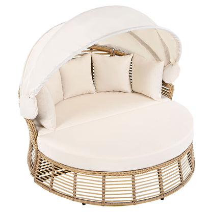 Outdoor Patio Rattan Round Daybed with Retractable Canopy, Wicker Furniture Round Poolside Sofa Sunbed with Removable Cushions, Backyard, Porch