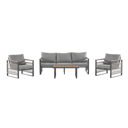 4-Pieces Outdoor Metal Patio Furniture Set, 5-Seat Patio Furniture Sofa Set With Cushion, Modern Outdoor Furniture Deep Seating For Porch, Garden, Backyard, Balcony, Grey & Natural