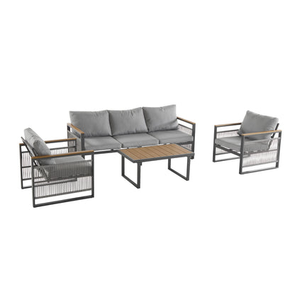 4-Pieces Outdoor Metal Patio Furniture Set, 5-Seat Patio Furniture Sofa Set With Cushion, Modern Outdoor Furniture Deep Seating For Porch, Garden, Backyard, Balcony, Grey & Natural