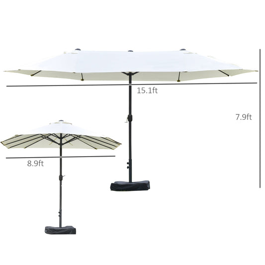 Patio Umbrella 15' Steel Rectangular Outdoor Double Sided Market With Base, UV Sun Protection & Easy Crank For Deck Pool Patio, Beige