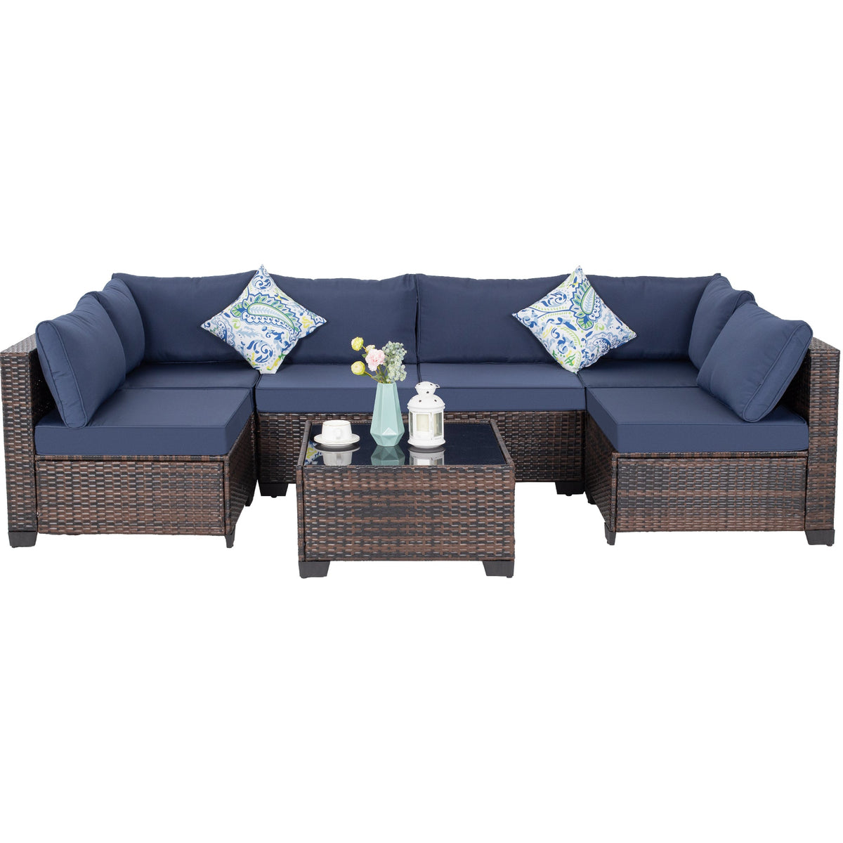 7-Piece Outdoor Patio Furniture Set, All-Weather Wicker Rattan Sectional Sofa With Thick Cushions & Glass Table, Modular Patio Conversation Furniture For Backyard, Poolside & Garden -Brown-Blue